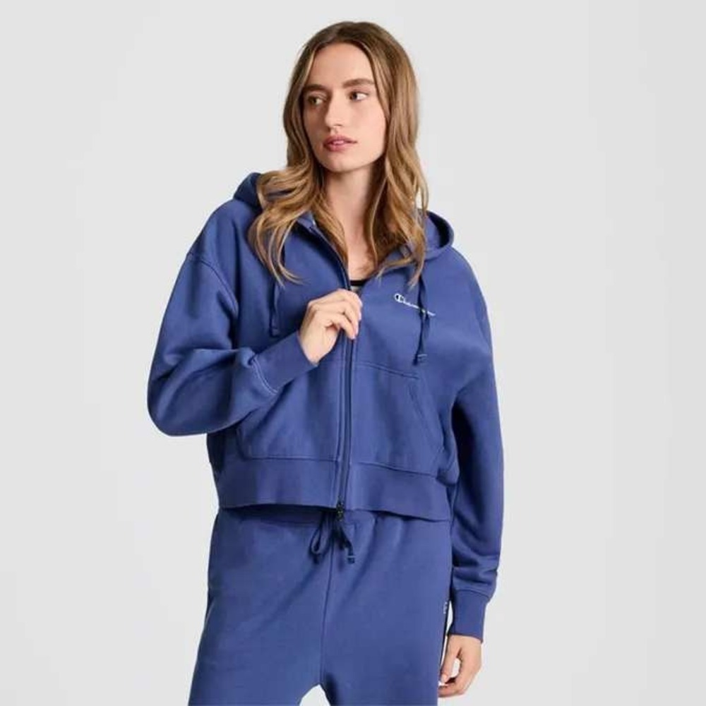 Champion Womens Gray Blue Full Zip Cropped Hoodie Fleece Sweatshirt NWT Size M